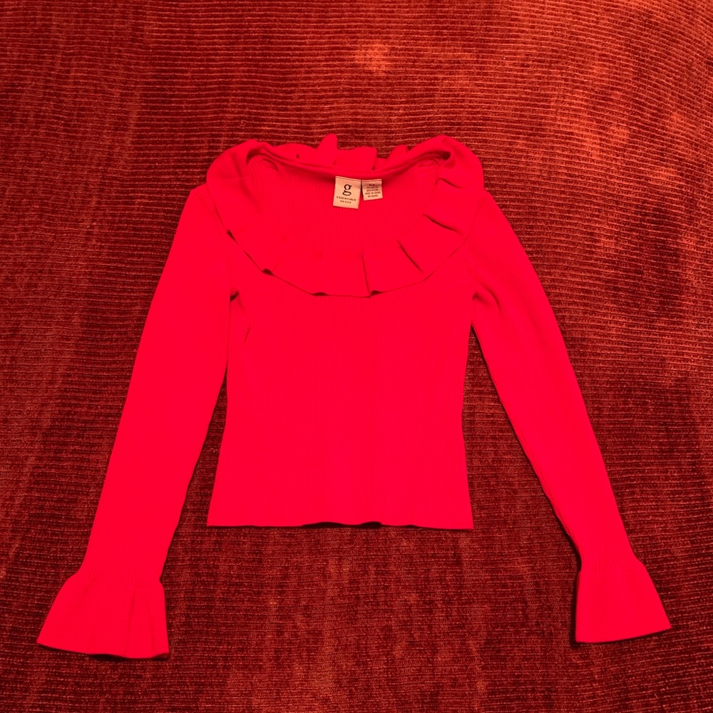 Red Long-Sleeve Ruffled Crop Top (Ribbed) - Picture 8 of 14